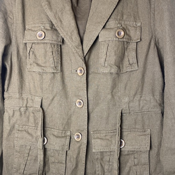 Isabella Bird Linen Safari Blazer – Olive Green Utility Jacket – Size 8 - Picture 6 of 11